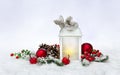 Christmas decoration. Christmas lantern, red balls, cones, red apples, twigs christmas tree on snow, covered snow on light