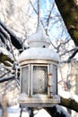 Christmas decoration with lantern, snow and fir tree branch.