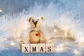Christmas decoration on a light blue glittered background with wooden cubes forming word Christmas Royalty Free Stock Photo