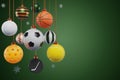 Christmas decoration made from sports ball, pickleball tennis basketball football hockey volleyball on a green background. 3D