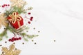 Christmas decoration marble background top view. Merry Christmas greeting card, frame. Winter xmas holiday theme.