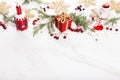 Christmas decoration marble background top view. Merry Christmas greeting card, frame. Winter xmas holiday theme. Royalty Free Stock Photo