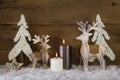 Christmas decoration with natural material. Two burning candles