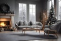 Christmas decoration and new year tree in modern styled living rooom interior with fireplace.