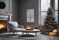 Christmas decoration and new year tree in modern styled living rooom interior with fireplace.