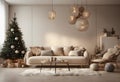 Christmas decoration and new year tree in modern styled living rooom interior with fireplace. Royalty Free Stock Photo