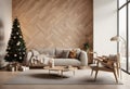 Christmas decoration and new year tree in scandinvian styled living rooom interior.