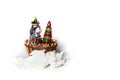 Christmas Decoration In Old Vintage Style With Wicker  Basket, Silver Dog, Pyramid And Snow