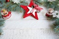 Christmas decoration on old white wooden board with copy space Royalty Free Stock Photo