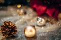 Christmas decoration ornaments with golden balls  light  cone pine with star of Bethlehem on the background blur. Royalty Free Stock Photo