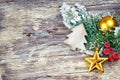 Christmas decoration over wooden background. Vintage style. Royalty Free Stock Photo