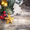 Christmas decoration over wooden background. Vintage style. Royalty Free Stock Photo