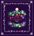 Christmas decoration with paper cutting conifer green branches garland, gold candle, angel, hanging colorful balls and jingle bell