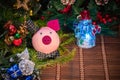 Christmas decoration, piggy bank on wooden background, abstract background to time to start to saving or solution for keep money