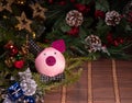 Christmas decoration, piggy bank on wooden background, abstract background to time to start to saving or solution for keep money