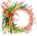 Christmas decoration with pine tree branches, berries, bells and ribbons, circle, for greeting card Royalty Free Stock Photo