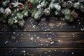 Christmas decoration pine tree branches cones with snow on rustic dark wooden background. Generative AI Royalty Free Stock Photo