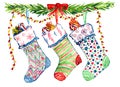 Christmas decoration with pine tree branches, striped colorful socks and ribbon