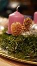 Christmas decoration, pink candle on the Advent wreath with fir green and fir cone Royalty Free Stock Photo