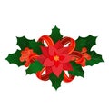 Christmas decoration with poinsettia flower, holly leaves and red satin bow and berries. Illustration isolated on white Royalty Free Stock Photo