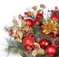 Christmas Decoration. Red Bolls On Christmas Tree Branch