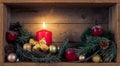 Christmas decoration red candle in a wooden box background Royalty Free Stock Photo