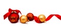 Christmas decoration red and gold yellow balls with ribbon isolated Royalty Free Stock Photo