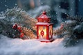 Christmas decoration red lantern with pine branches in snow. Winter background. Generative AI Royalty Free Stock Photo
