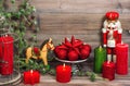 Christmas decoration red ornaments antique toys Royalty Free Stock Photo