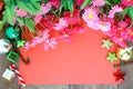 Christmas decoration, red paper and flower on wooden Background