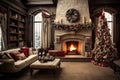 Christmas decoration in white living room. Xmas festive white interior. Generative AI. Royalty Free Stock Photo