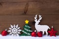 Christmas Decoration, Reindeer, Snow, Green Tree, Balls Royalty Free Stock Photo