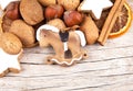 Christmas decoration with rocking horse on the edge of wood Royalty Free Stock Photo