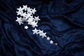 Christmas decoration on royal blue background. Top view on stars wings and ornaments.