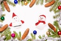 Christmas decoration with Santa Claus and snowman Frame with fir tree branches colorful toys and cones on white background Royalty Free Stock Photo