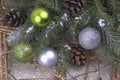 Christmas decoration with silver and blue balls snowflakes natur Royalty Free Stock Photo