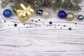 Christmas decoration with silver and blue balls stars snowflakes Royalty Free Stock Photo