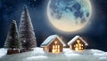 Christmas decoration with a small house under the moonlight at night Royalty Free Stock Photo