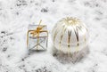 Christmas decoration and snow fake on wood background. Royalty Free Stock Photo