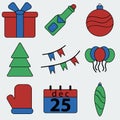 Christmas decoration, snowflakes, gifts, icons. Winter holidays