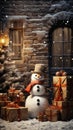 Christmas decoration with snowman and gifts on a wooden background .