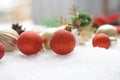 Christmas decoration. Christmas spruce with ball and blurred shiny lights. Christmas composition is with colorful balls on snow. C