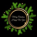 Christmas decoration with spruce branch, golden flash and gold Royalty Free Stock Photo