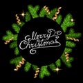 Christmas decoration with spruce branch, golden serpentine and l Royalty Free Stock Photo