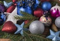 Christmas decoration on spruce branches as background