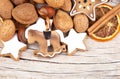 Christmas decoration with stars and rocking horse on wood Royalty Free Stock Photo