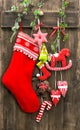 Christmas decoration stocking and handmade toys Royalty Free Stock Photo