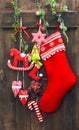 Christmas decoration stocking and handmade toys ornaments Royalty Free Stock Photo