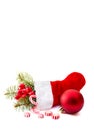 Christmas decoration with christmas stocking, red ball, berry, christmas tree on white background with space for text Royalty Free Stock Photo