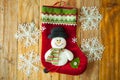 Christmas decoration stocking and snow flake hanging over rustic Royalty Free Stock Photo